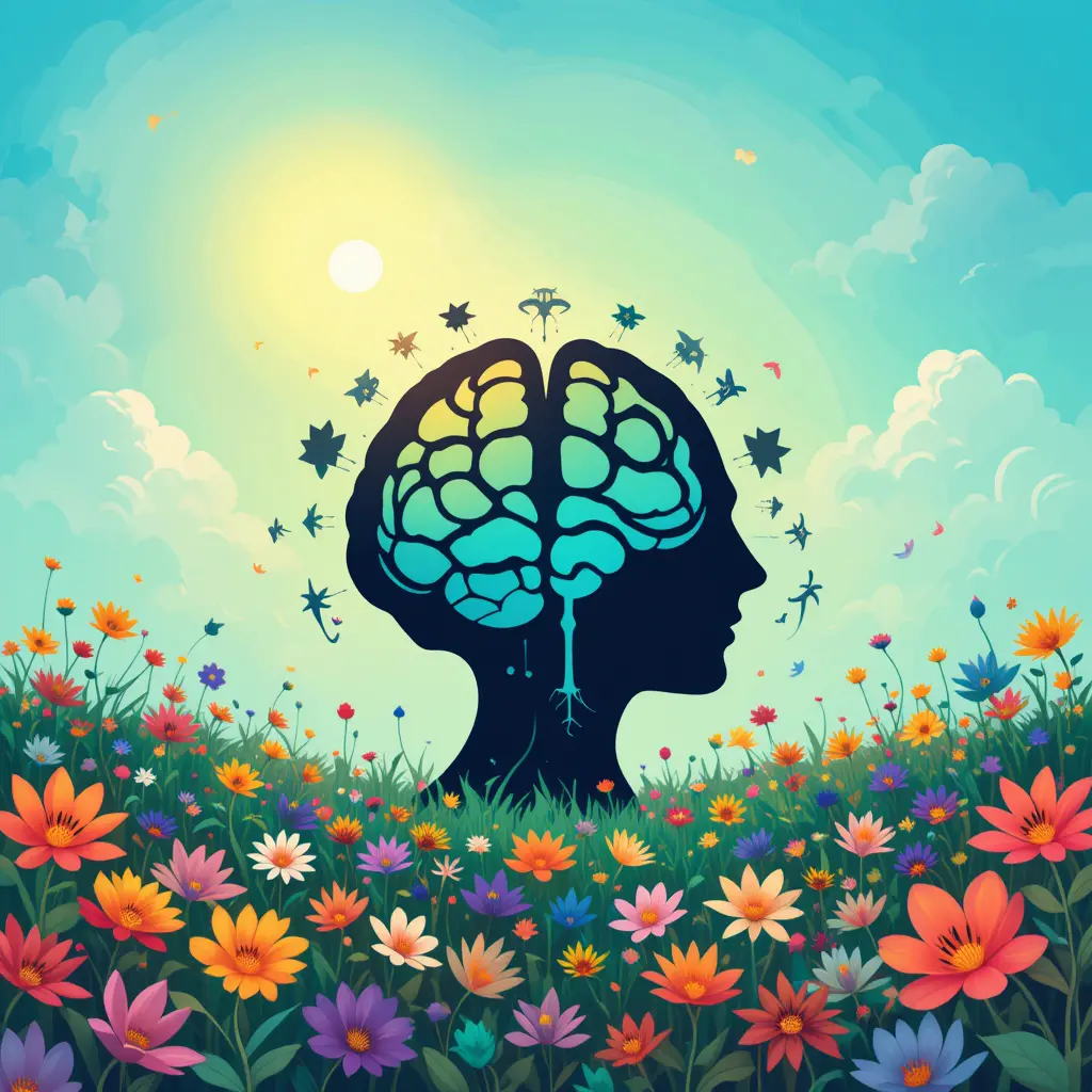 Psychology logo with brain inspired flowers under sunny sky