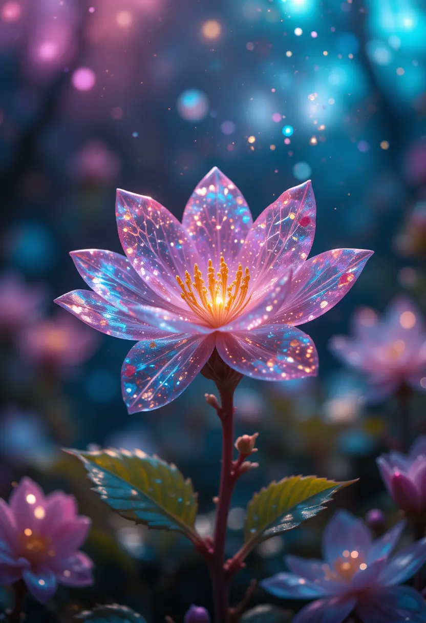 Magical crystal spring blossoms under a shimmering galaxy sky