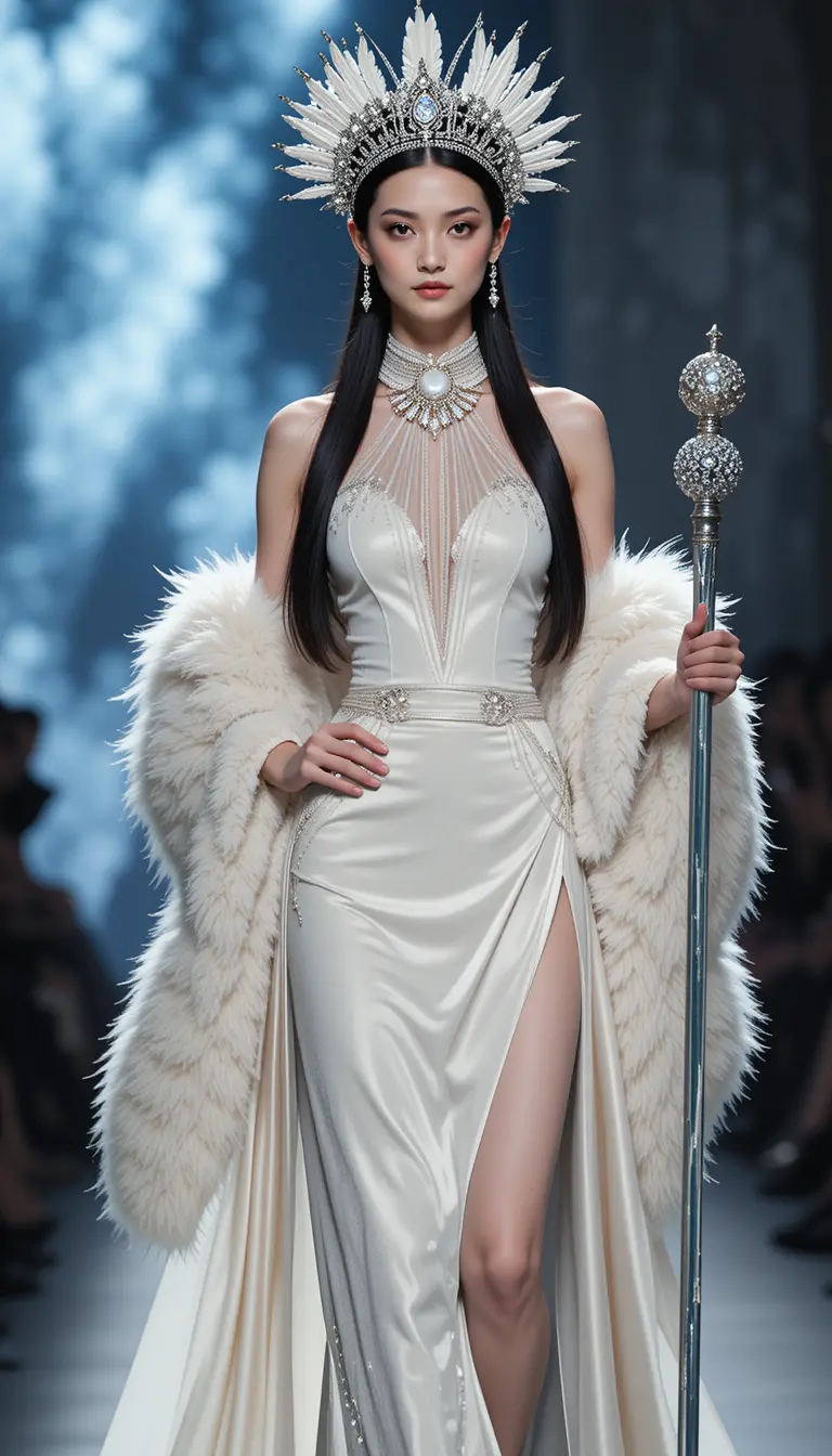 East Asian model in ivory and blue runway gown