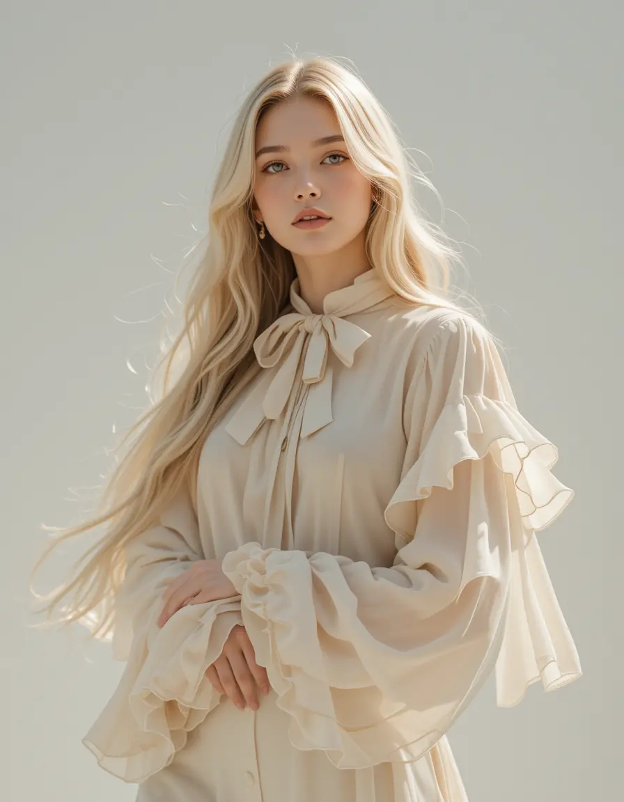 Blonde woman in flowing beige chiffon blouse with ruffled sleeves