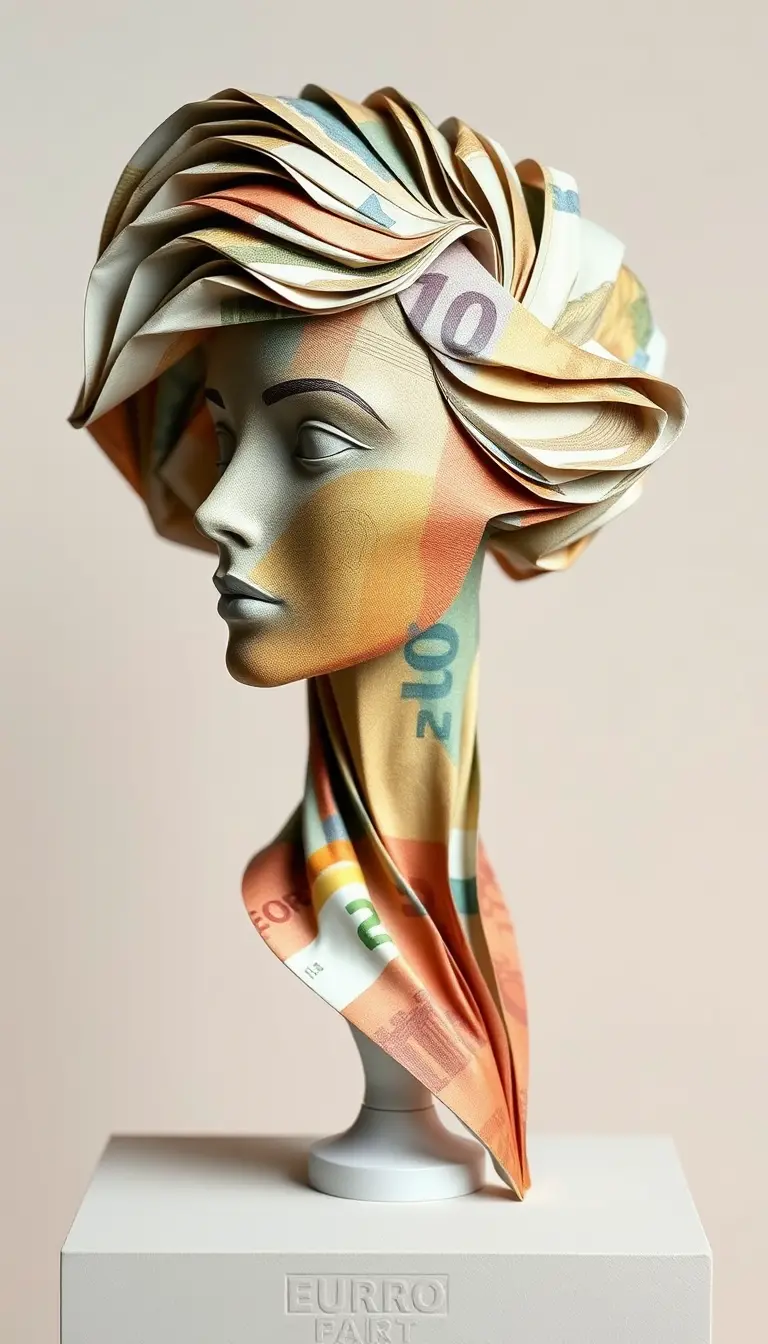 Origami euro banknote woman bust on minimalist background