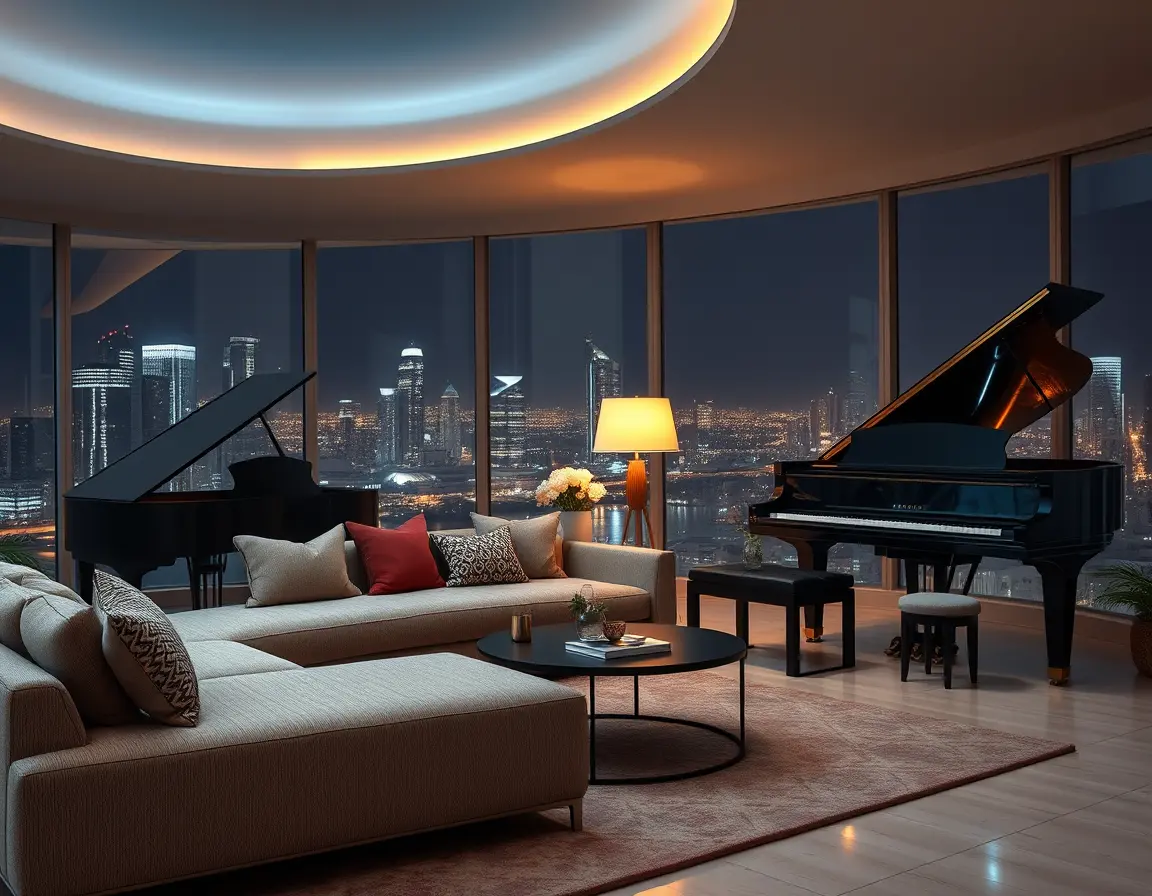 Blonde woman playing grand piano in cozy living room