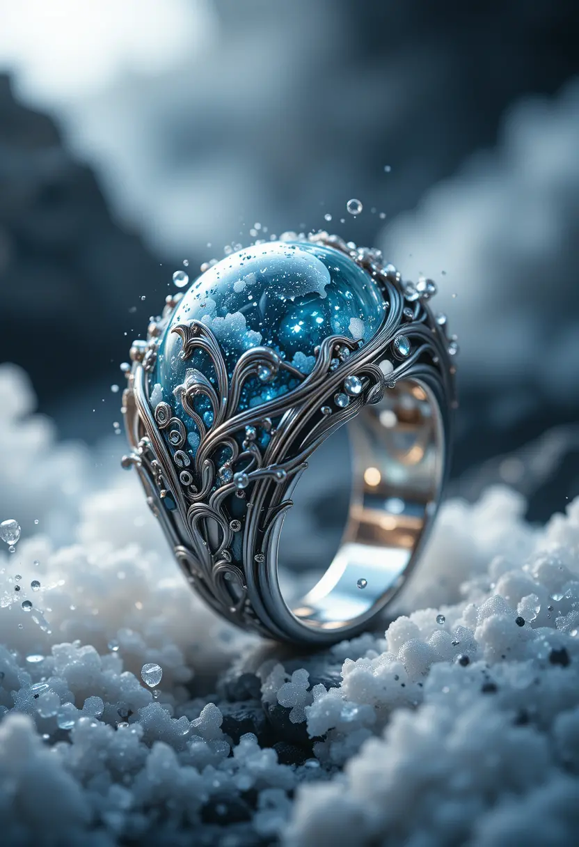 Close up of a sculpted wave ring in soft studio light