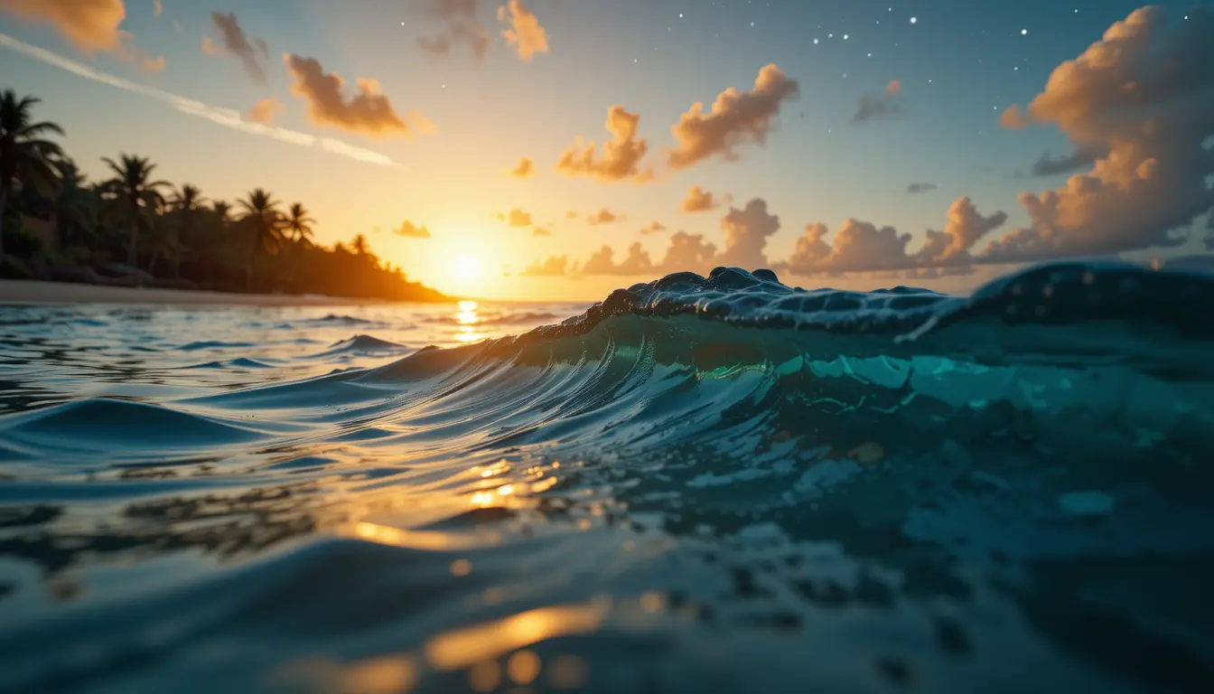 Close up ocean surface with sunset and starry sky