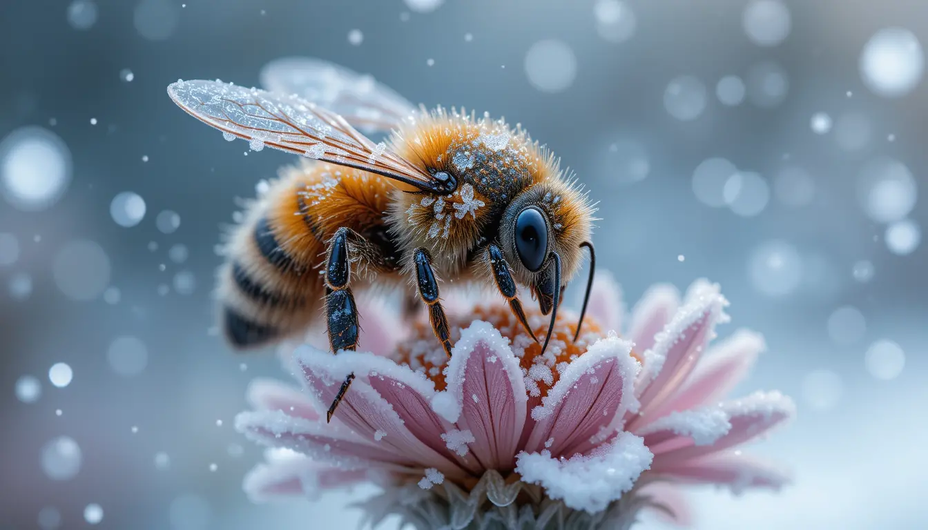 Bee On Frosty Flower In Gentle Falling Snow