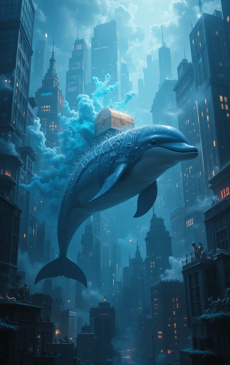 Giant dolphin carrying glowing treasure above city skyline