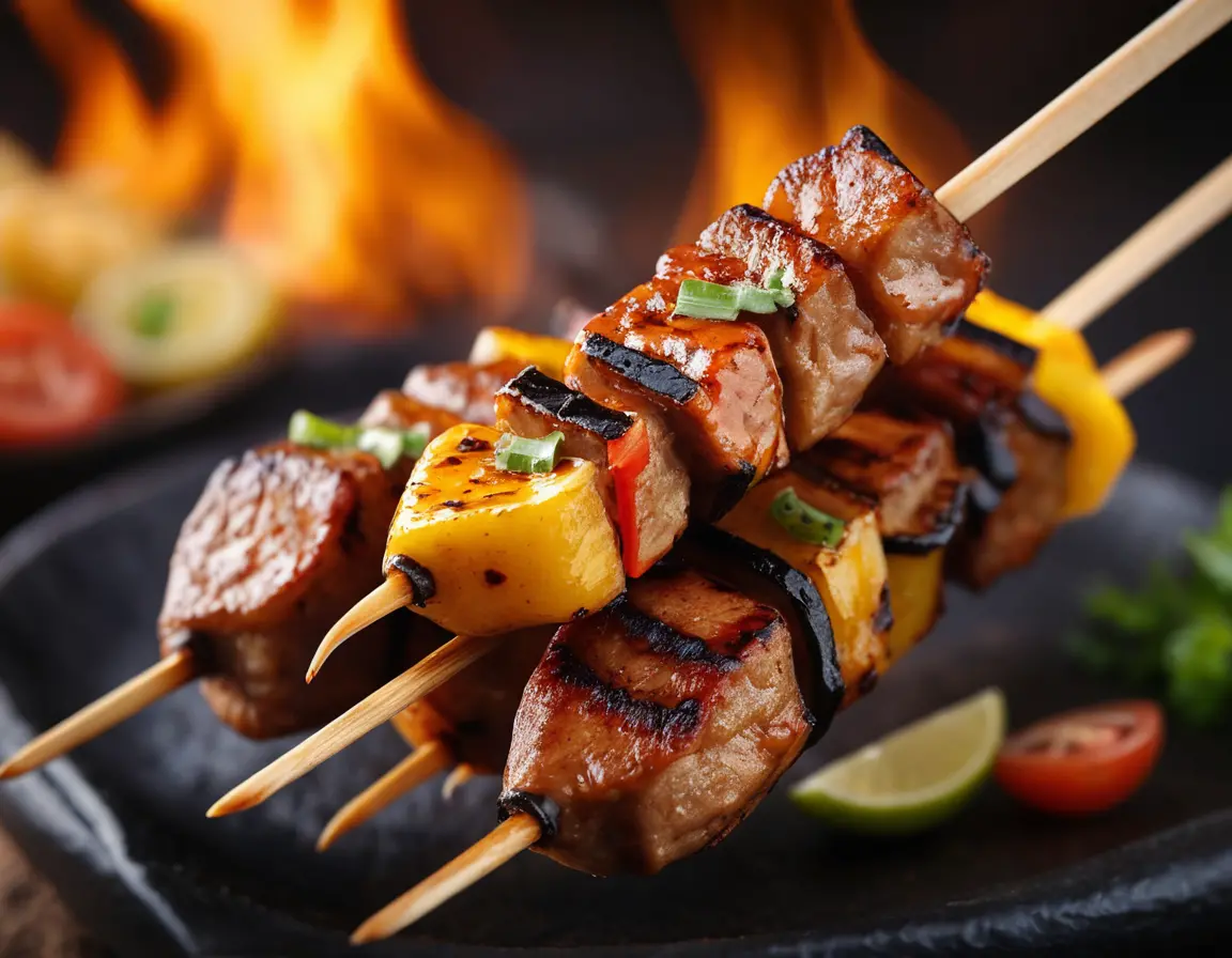 Macro food photograph of satay with natural bokeh background