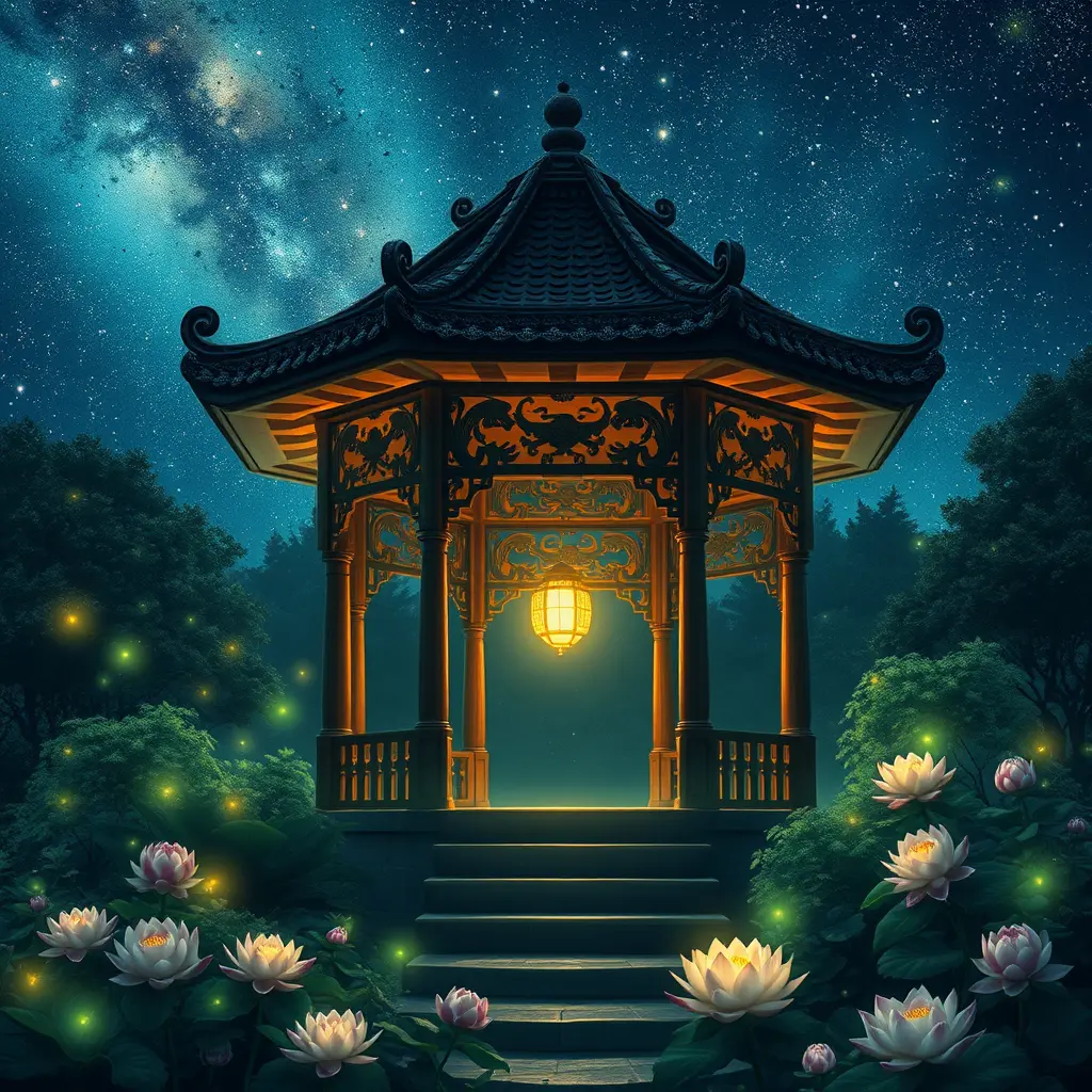 Starlit pavilion glowing in a midnight fantasy garden