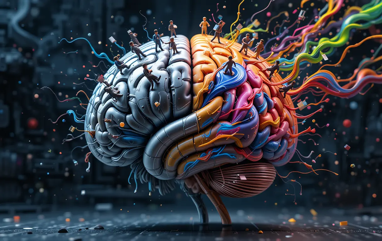 Colorful brain illustration with tiny people and computer