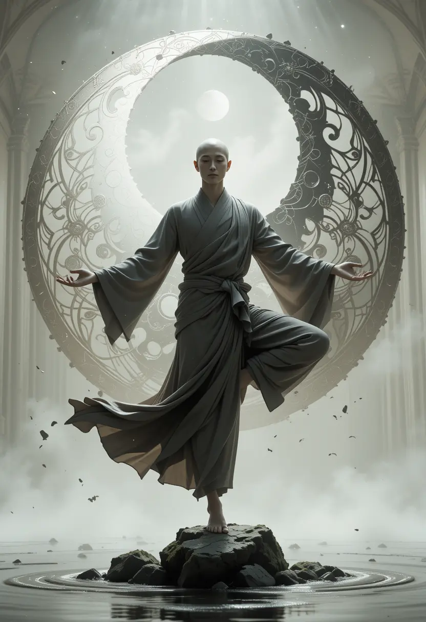 Serene monk balancing in front of ornate yin yang symbol