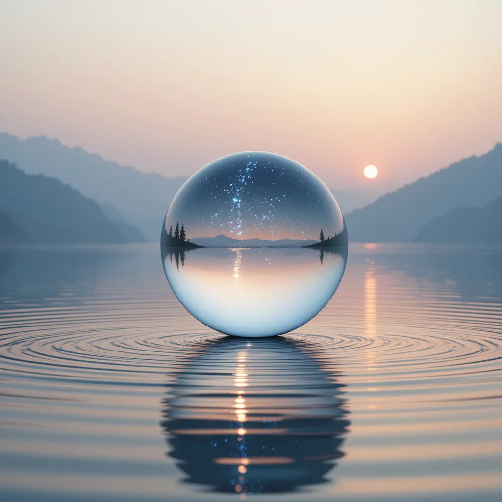 Glass sphere floating above tranquil sunset water