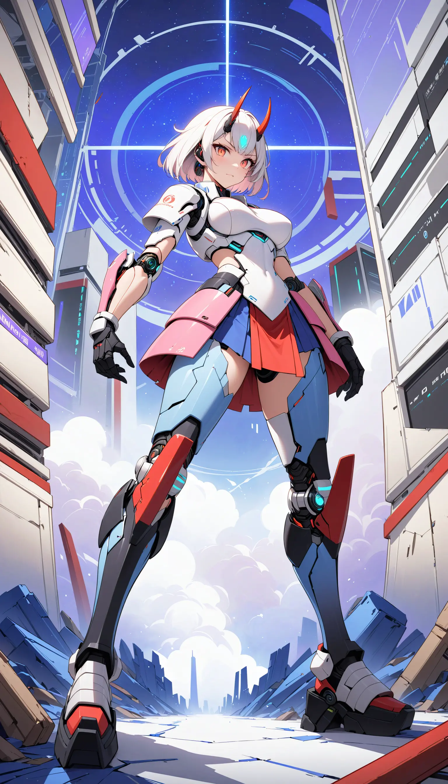 Cybernetic evil samurai woman in ruined future Tokyo