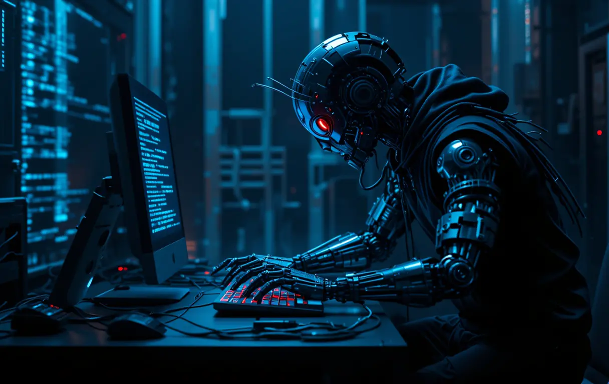 Cybernetic insect hacker robot at futuristic computer