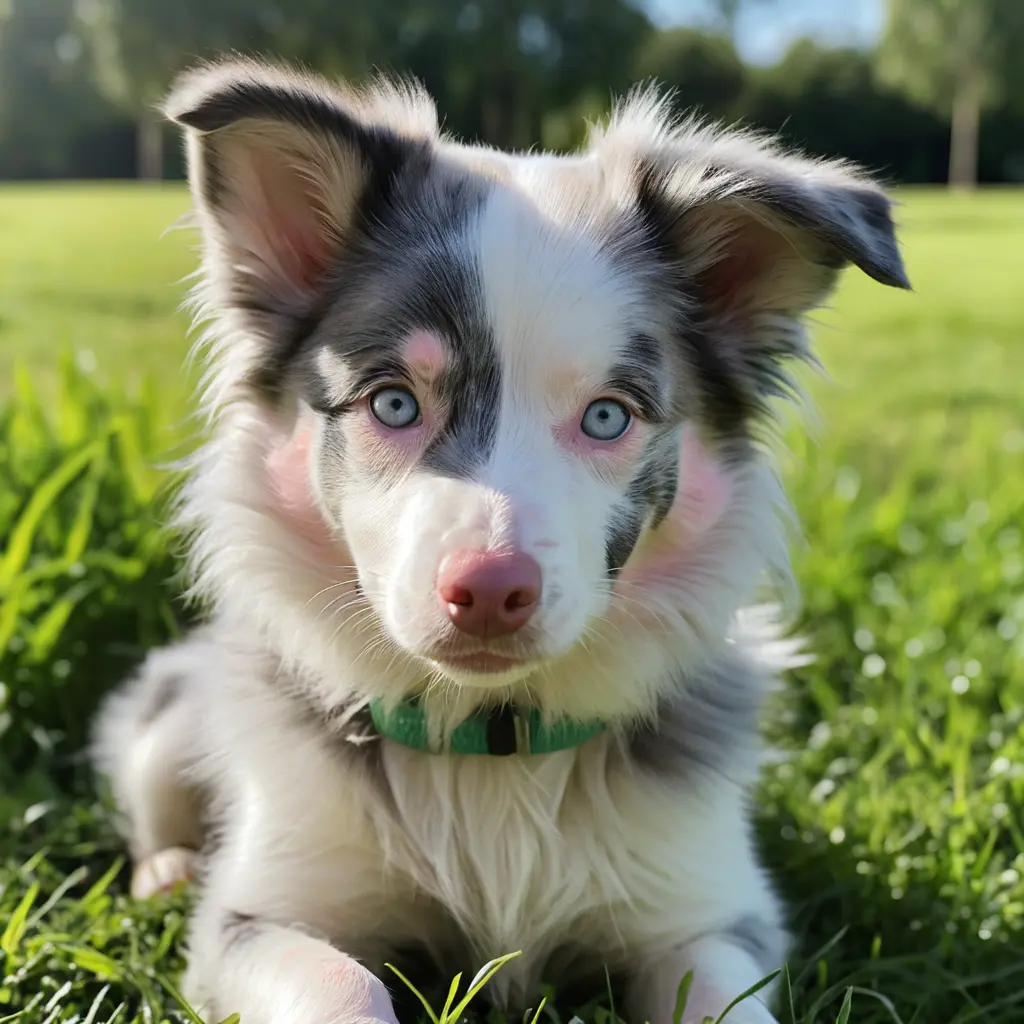 Blue merle border collie puppy in a green park