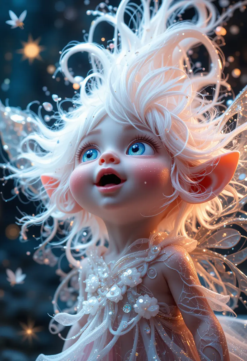 Surprised baby fairy troll in glowing fantasy close up