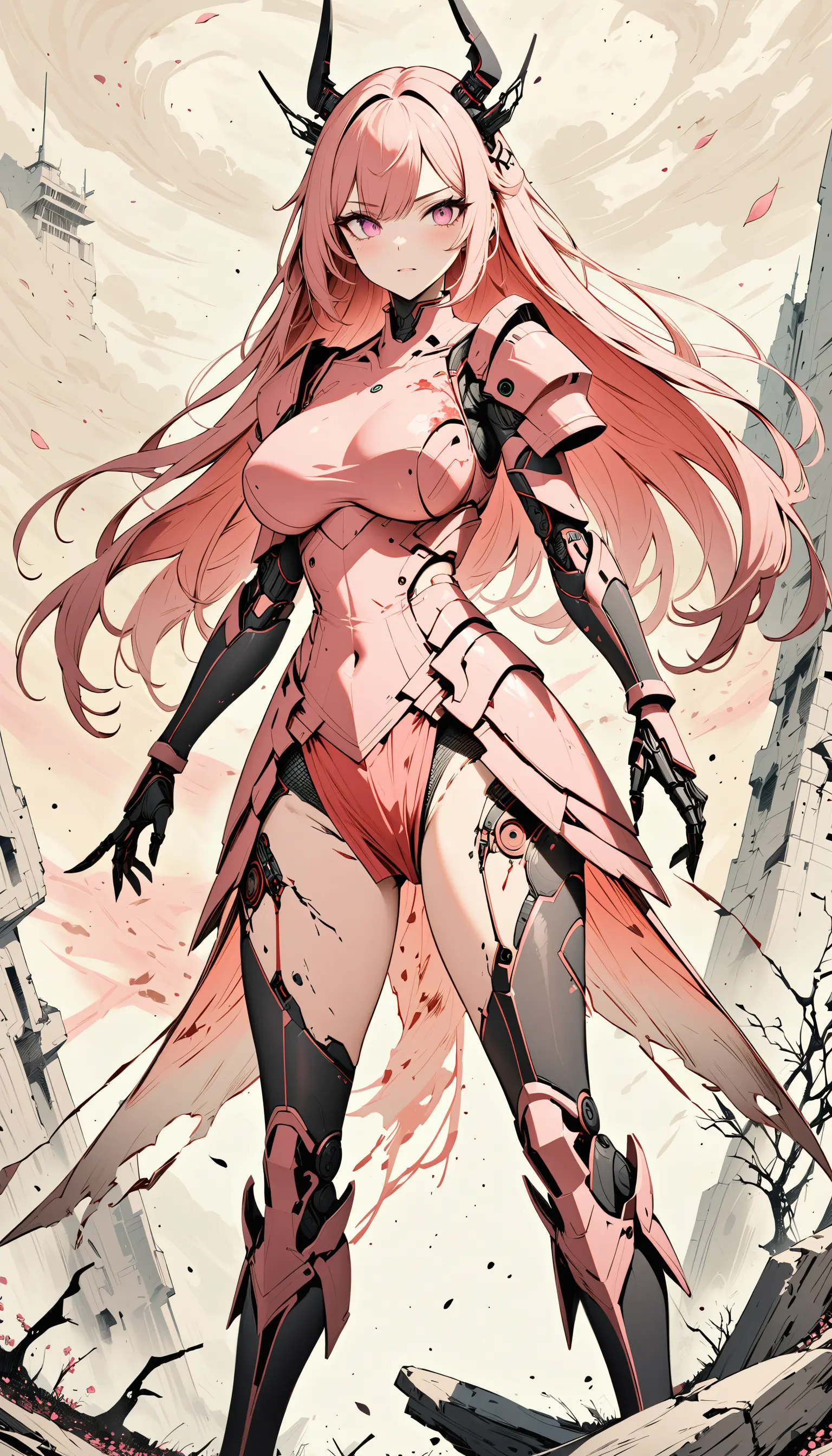 Cybernetic female samurai fighting in ruined future Tokyo