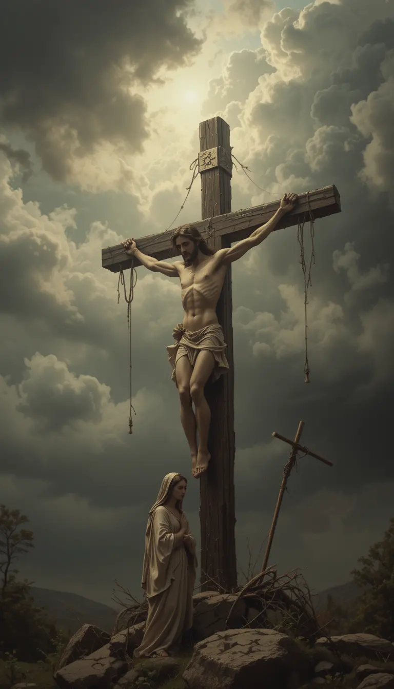 Jesus on the cross with Mary under dark storm clouds