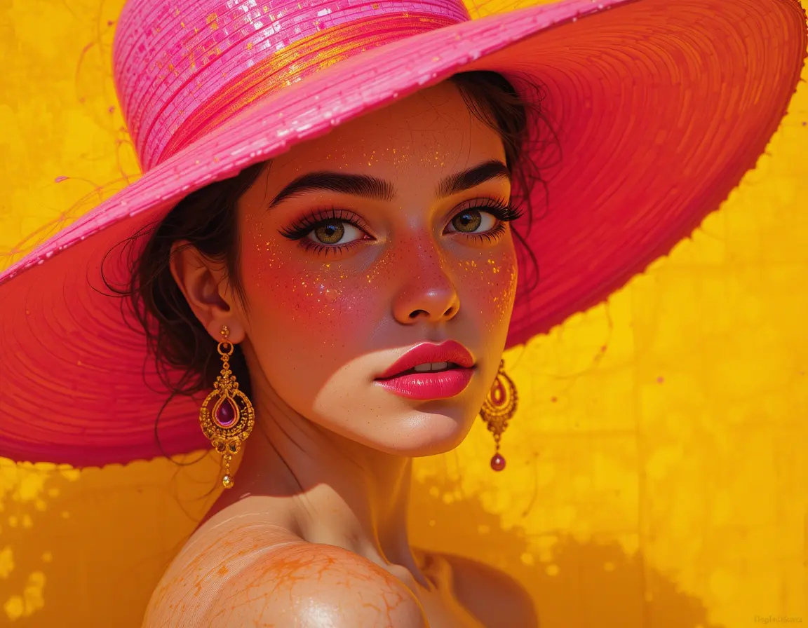 Woman in pink hat in warm sunlight portrait