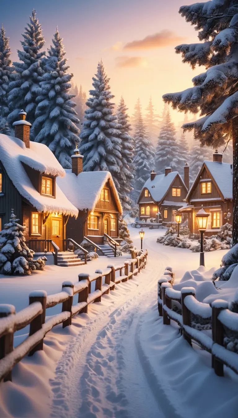 Cozy Winter Village Path With Snowy Cottages And Lamps