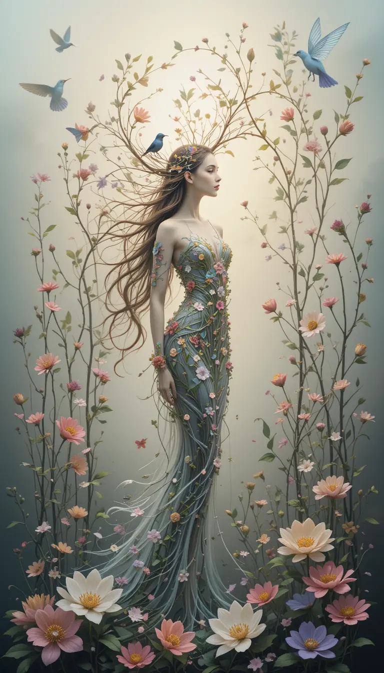 Ethereal floral maiden with hummingbird and butterfly