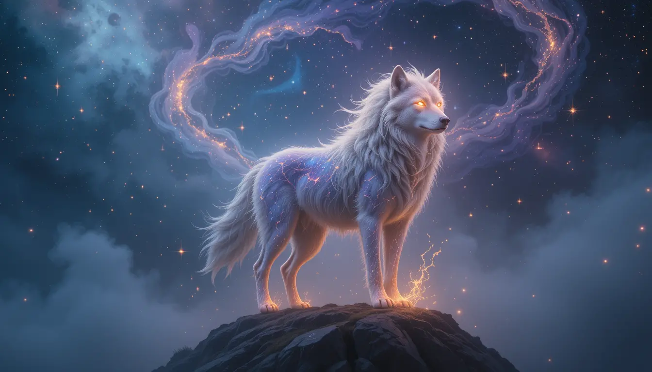 Celestial wolf on misty mountain under glowing night sky