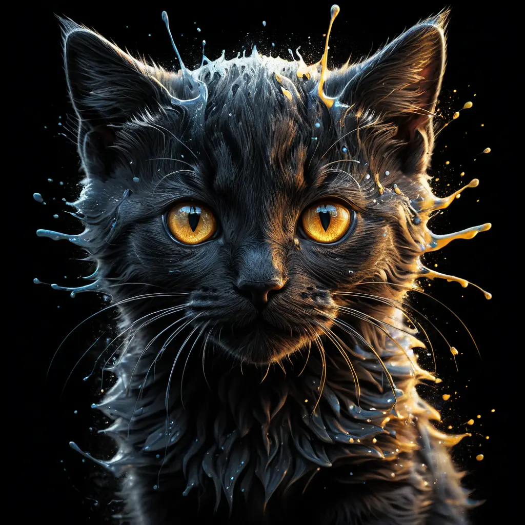 Cute kitten illustration with glowing splashes on black