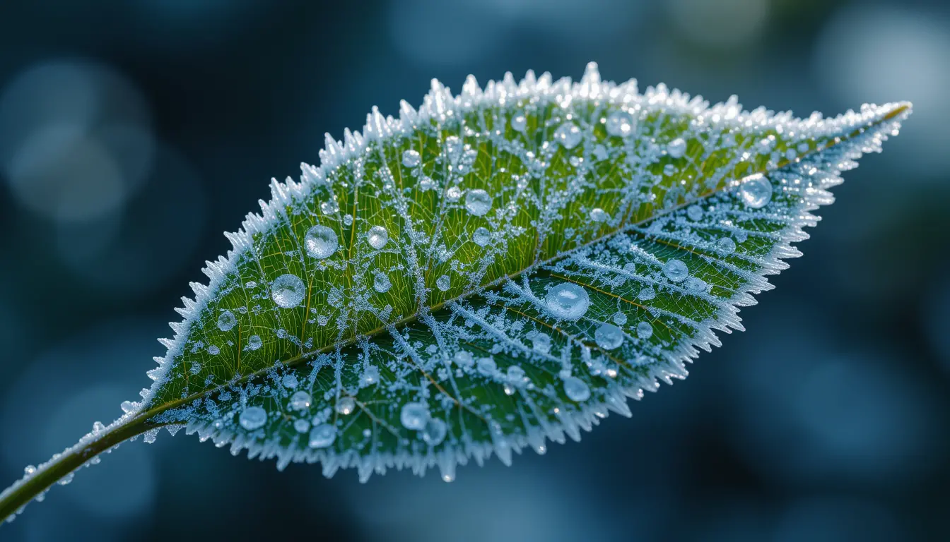 Macro close up of a frost covered green leaf