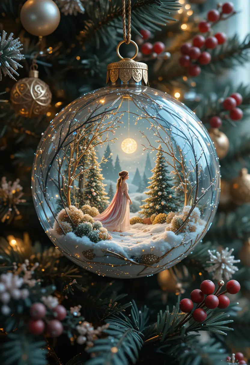 Winter fairy tale inside a glowing Christmas glass ornament
