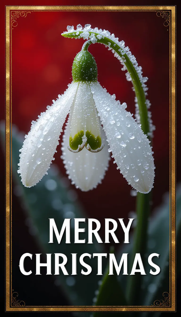 Macro snowdrop with frosty petals on red gradient background