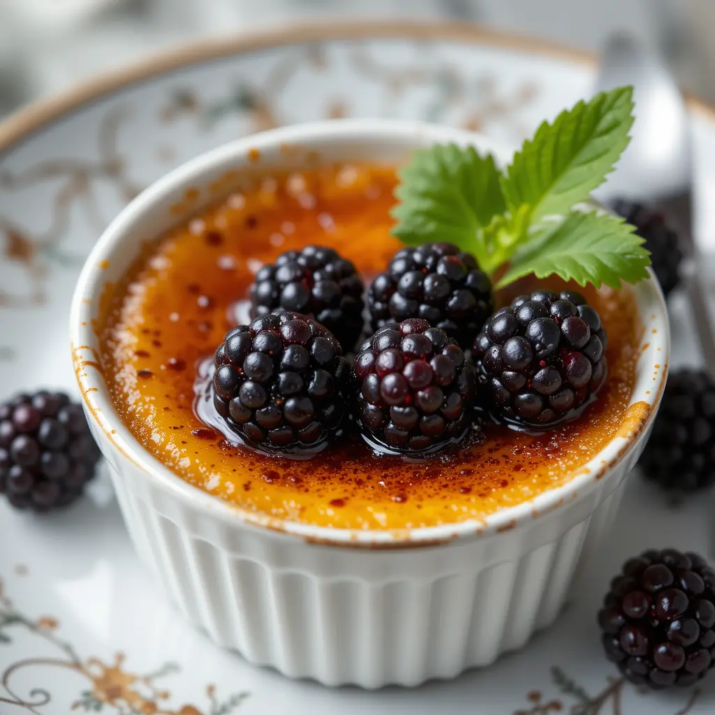 Crème brûlée dessert with blackberries in ceramic ramekin