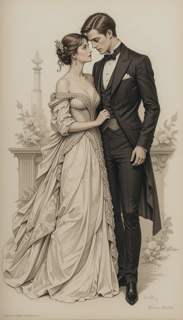 Romantic couple in formal dress storybook illustration