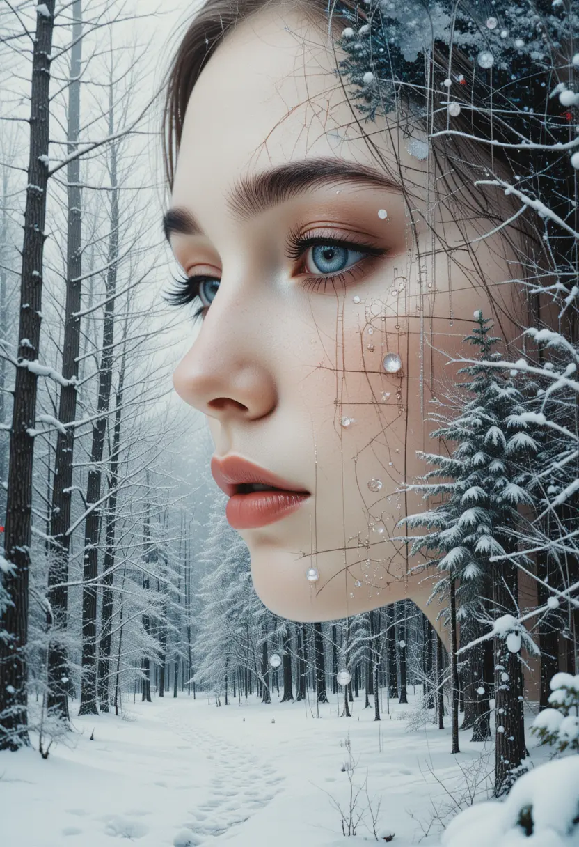 Delicate Female Portrait In A Snowy Winter Forest