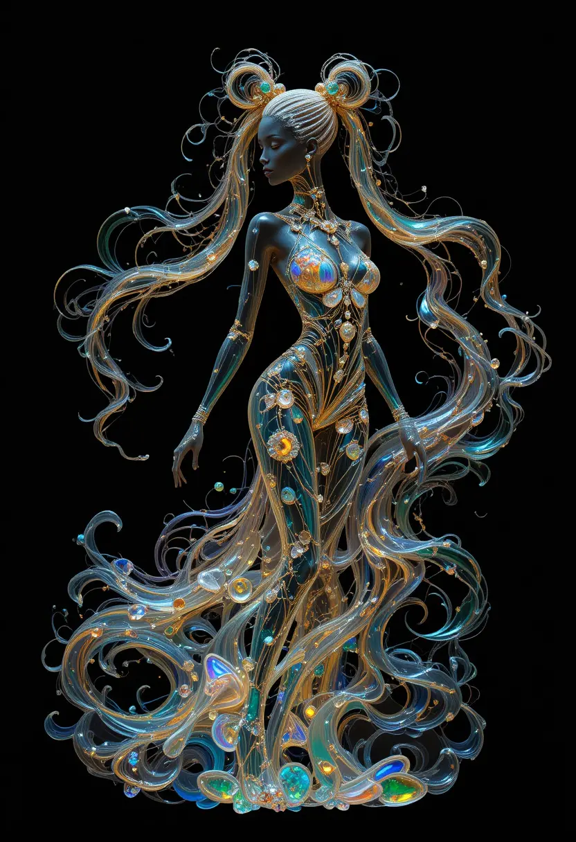 Elegant crystal woman with afro pigtails and fluid body art