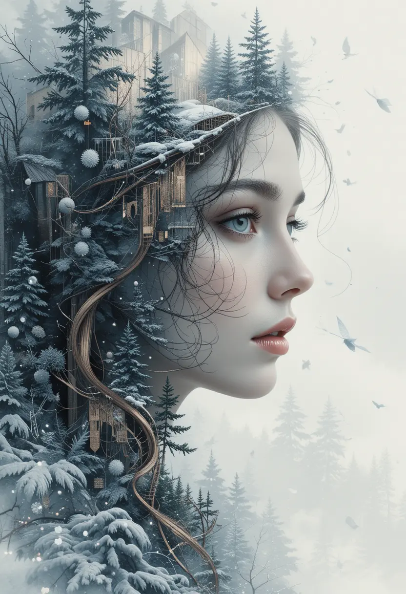 Delicate female face in a magical winter forest collage