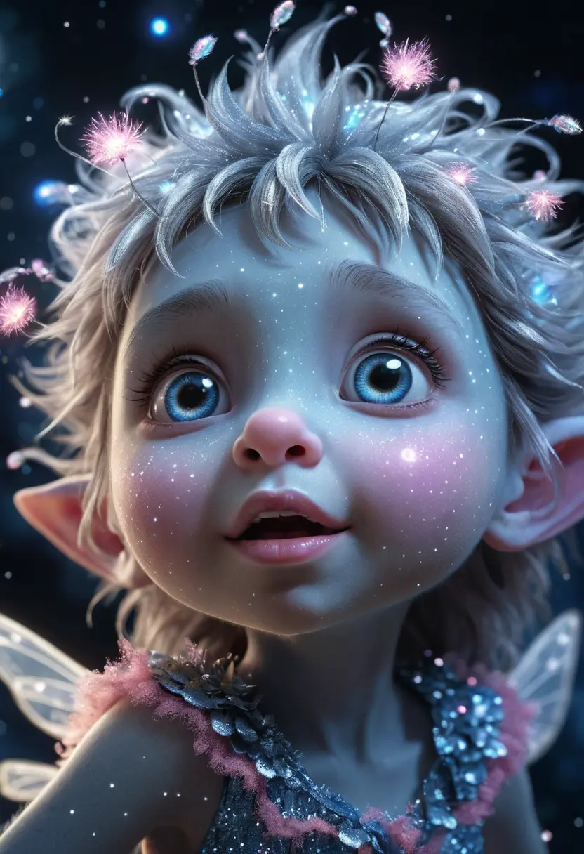 Surprised fairy girl looking up in glowing fantasy night