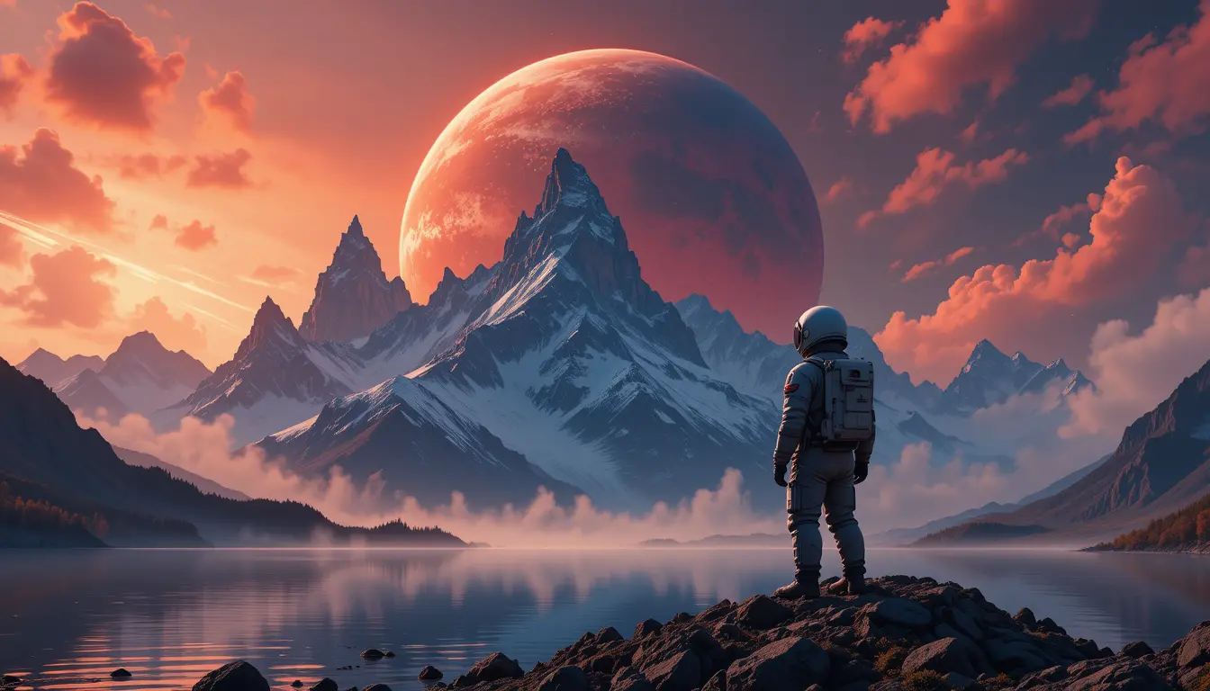 Lone Astronaut Looking Over Misty Mountain Lake