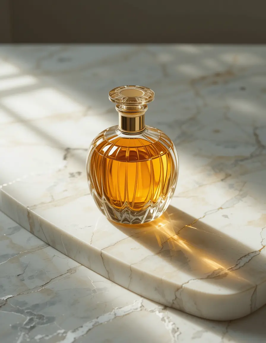 Glass bottle of golden essence on white marble slab