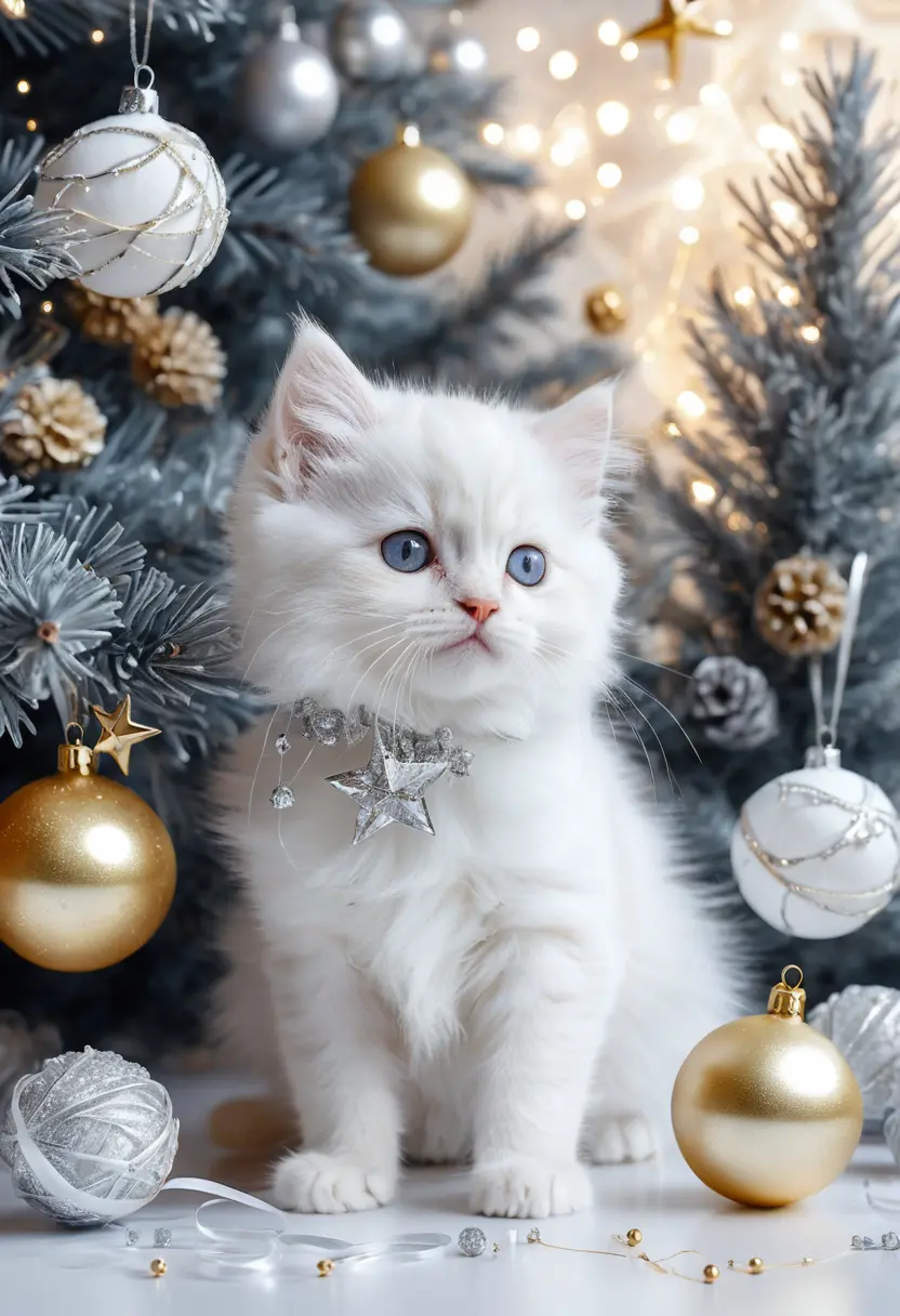 White kitten playing with ribbons by a silver Christmas tree