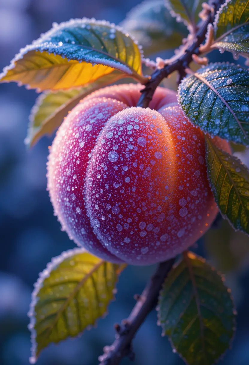 Frost covered peach branch in glowing ultraviolet close up