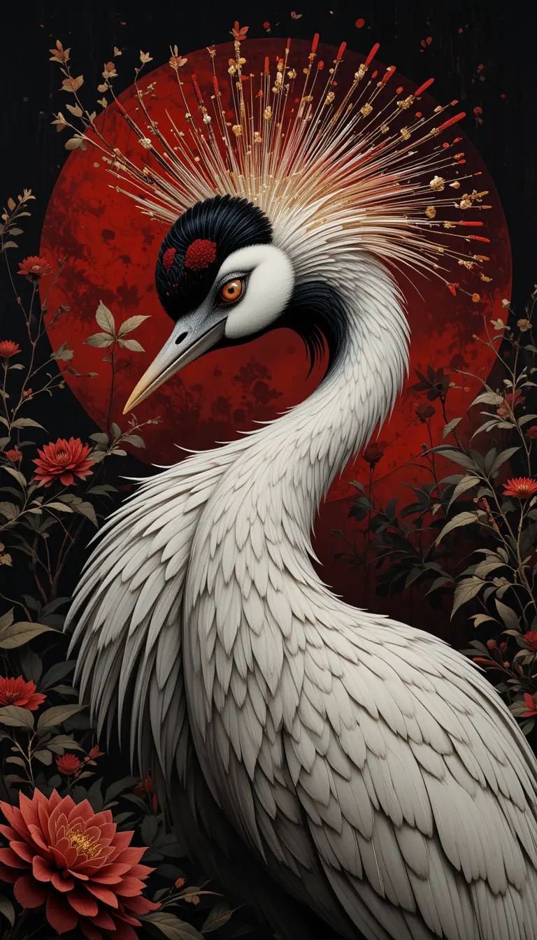 Red crowned crane against dramatic black and red background