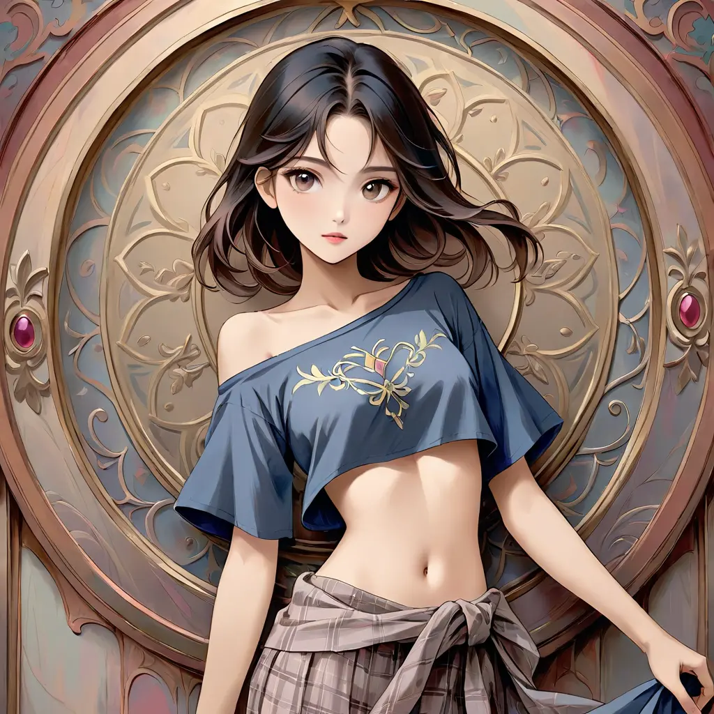 Young woman in black crop top against ornate wall
