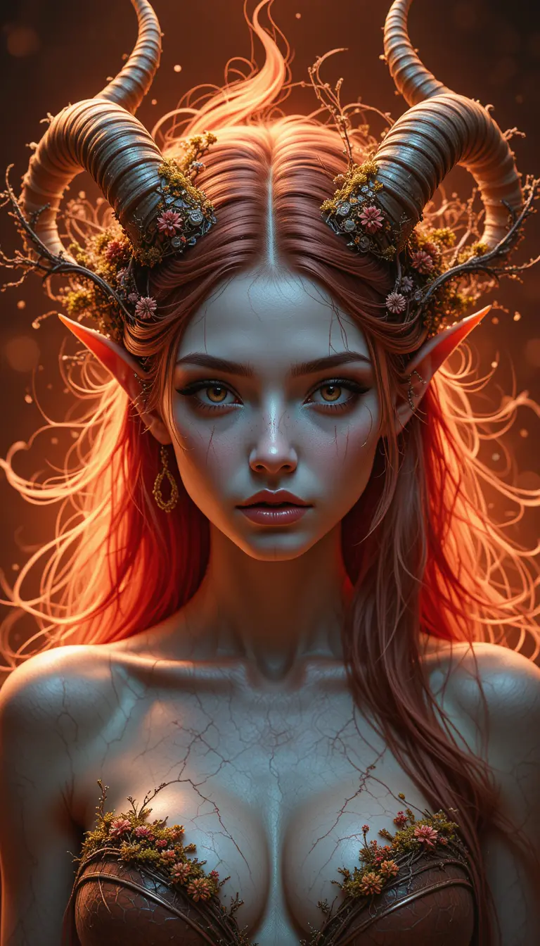 Mystical horned fae woman with fiery flowing hair