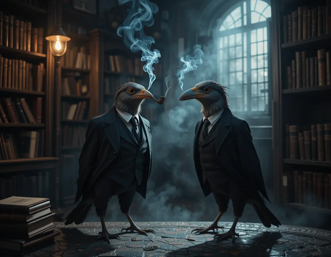 Two mysterious birds in suits in a shadowy library