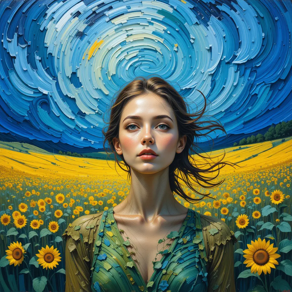 Woman emerging in swirling cobalt and sunflower colors