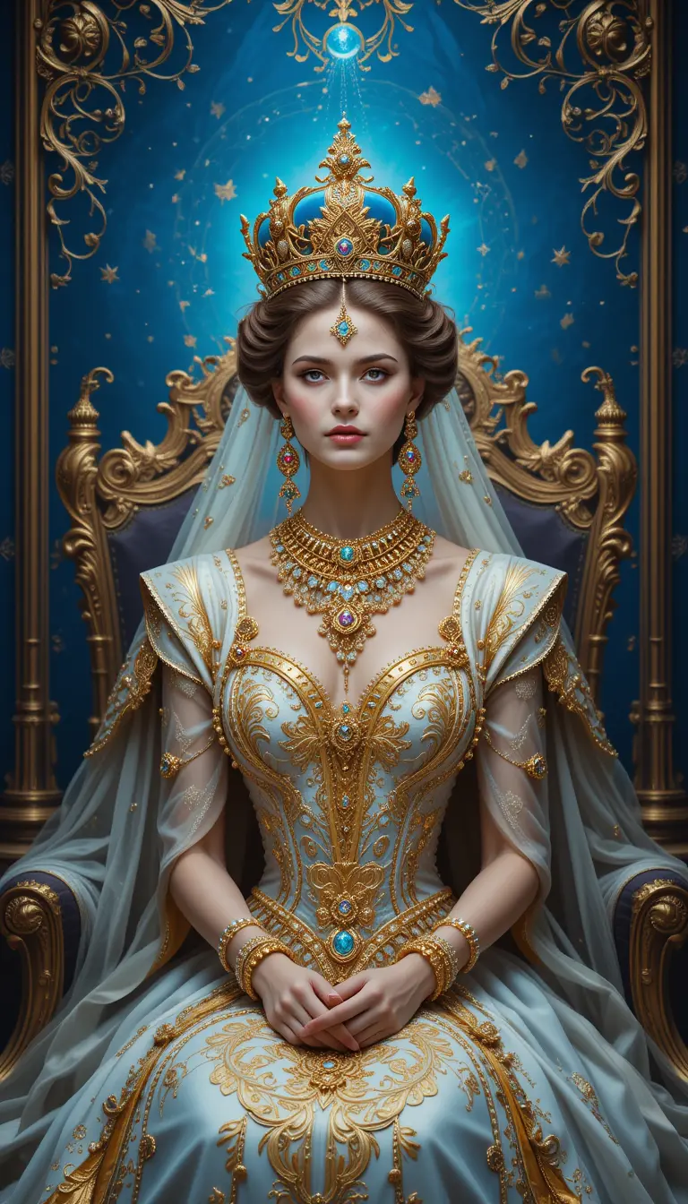 Regal queen in golden jewelry on royal blue background