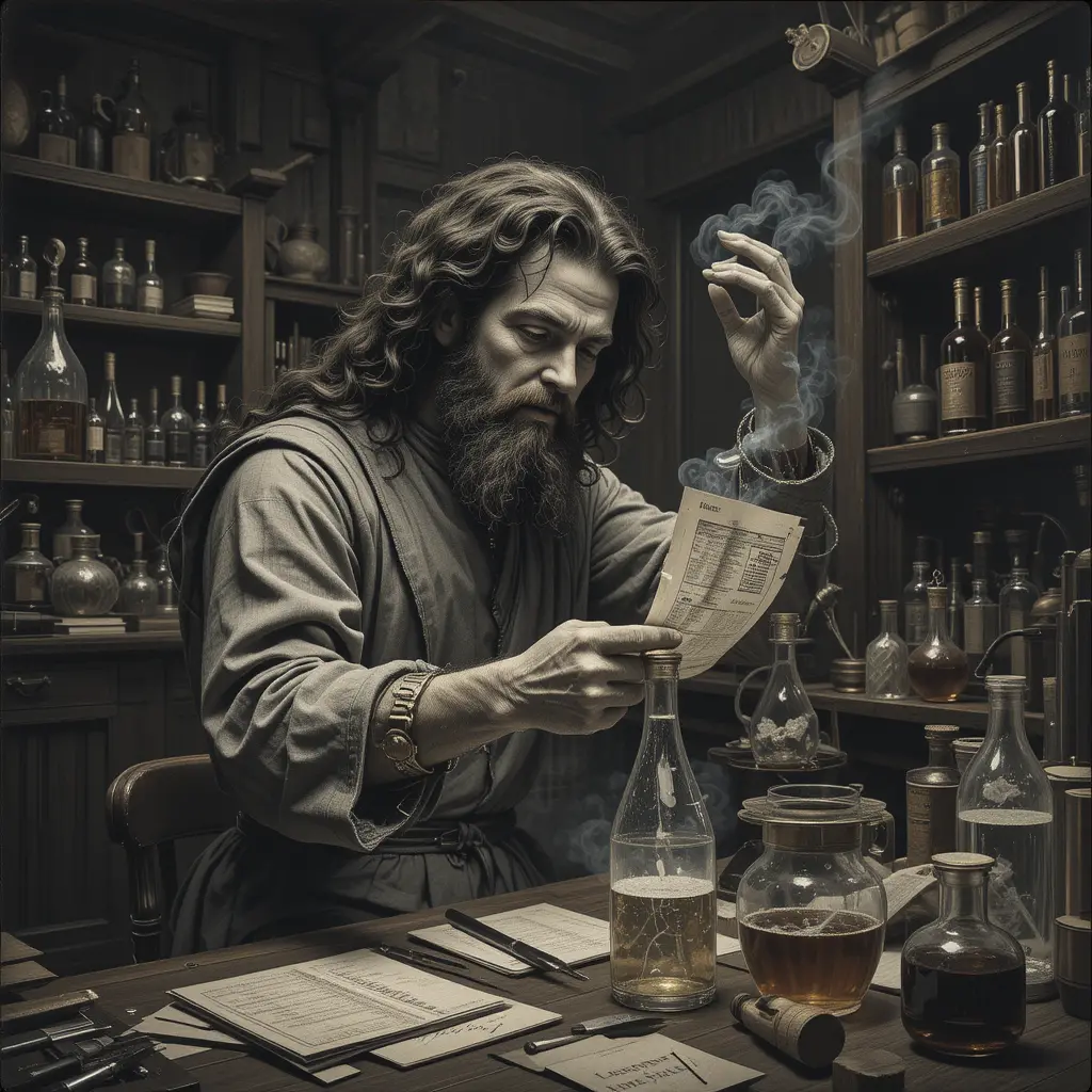 Leonardo da Vinci researching alone in a dark laboratory