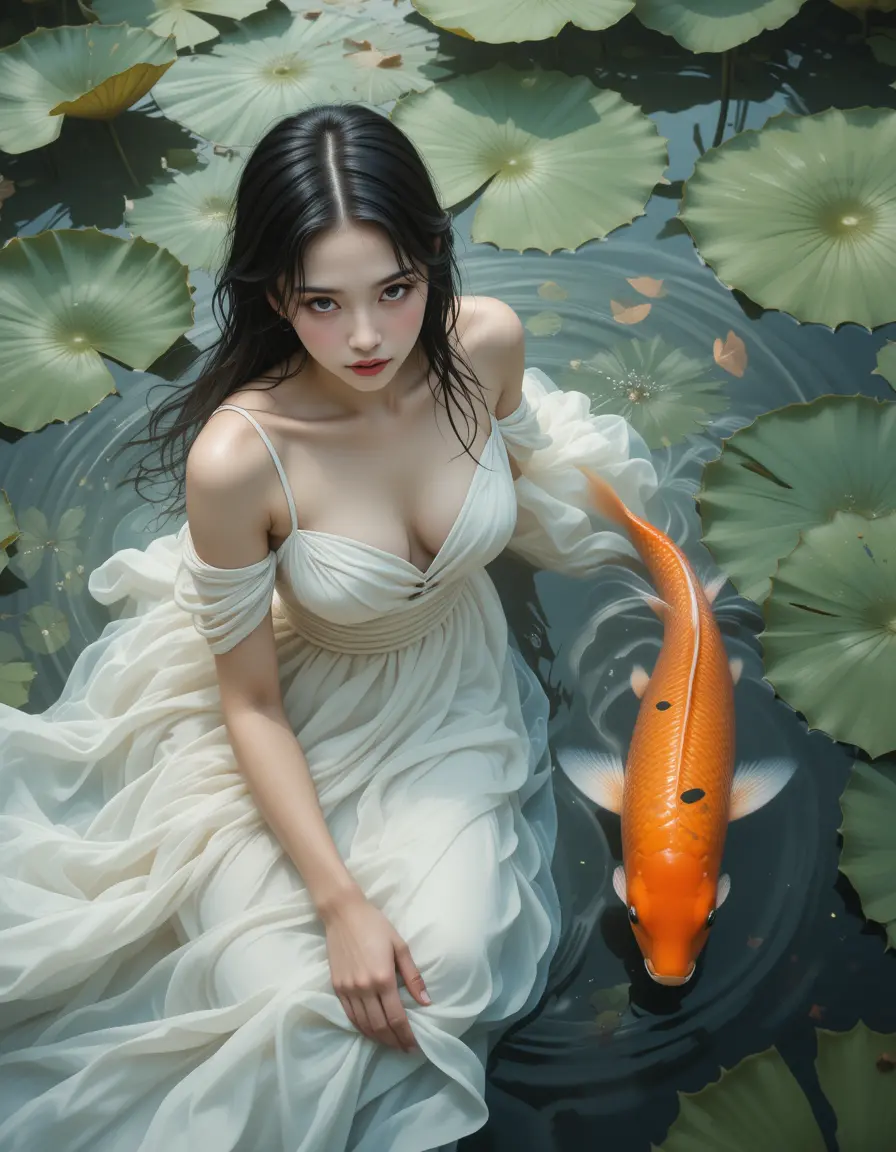 Ethereal woman in lily pond with koi fish painting