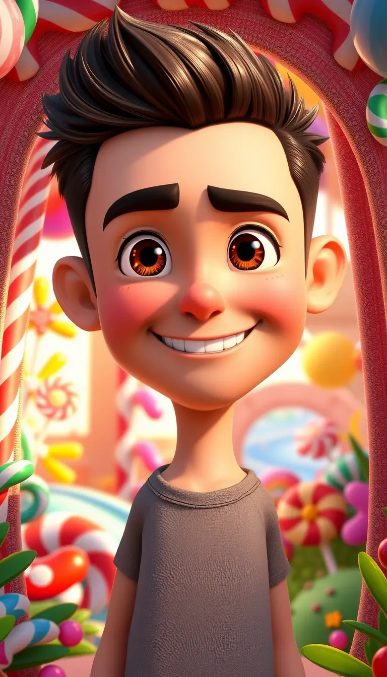 Joyful man entering a magical 3D candy garden