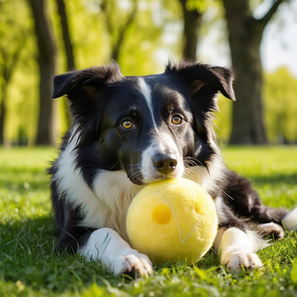 Border collie lying in a green park with yellow ball