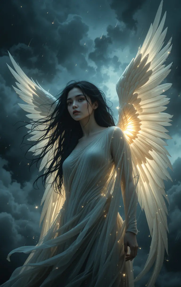 Cinematic portrait of a glowing winged angel in storm clouds
